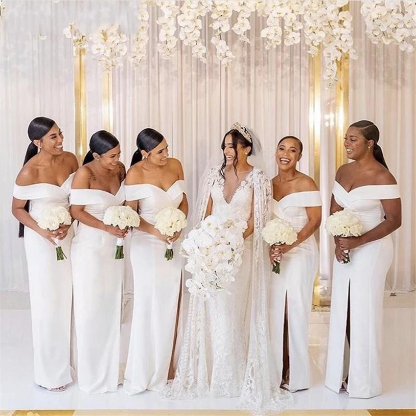 White Off Shoulder Bridesmaid Dresses 2023 Plus Size African Maid Of Honor Gowns Long Mermaid Satin Wedding Guest Party Dress Formal Wear Girls Side S
