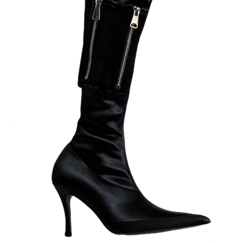 Boot Sexy High Heels Shoes Pleated Chelsea Knee Boots 2023 Winter Pointed Toe Goth Motorcycle Women Pumps 230911