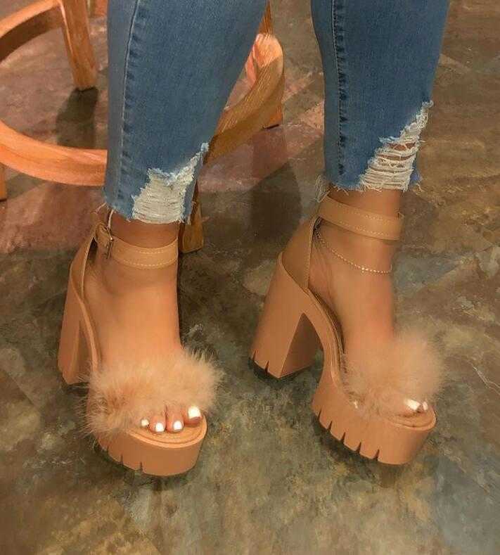 Sandals Women's Fur High Heels New Women Platform Plush Sandals Ladies Buckle Pumps Female Non Slip Footwear Woman Shoes Plus Size n09 T221209