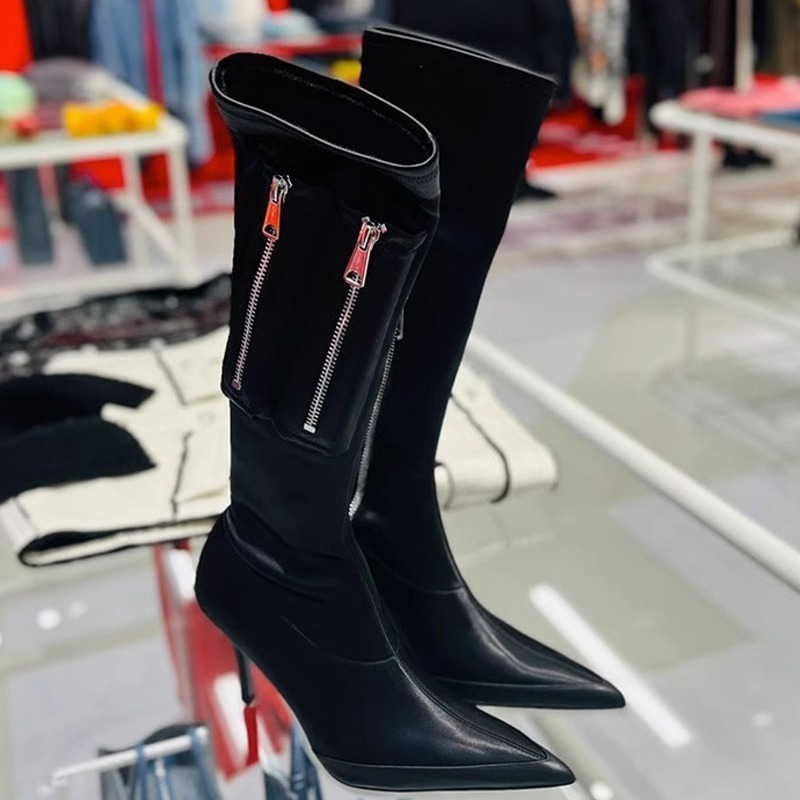 Boot Sexy High Heels Shoes Pleated Chelsea Knee Boots 2023 Winter Pointed Toe Goth Motorcycle Women Pumps 230911