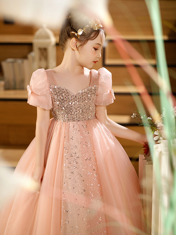 Shiny Pink Flower Girl Dresses Sequined Bling Ruffles Hand Made Flowers Lace Tutu Vintage Little Baby Birthday Gowns Communion Boho Wedding Bridesmaid