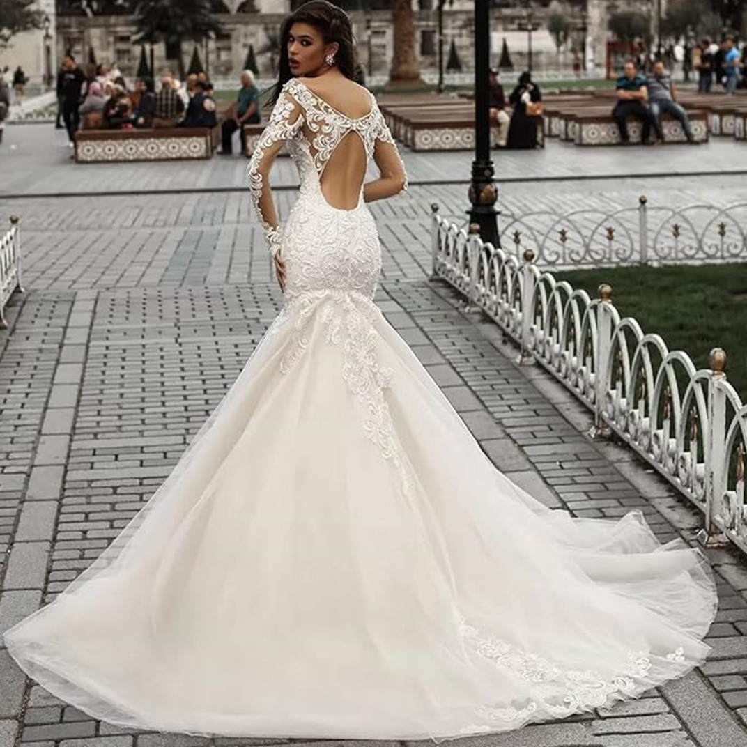 Illusion Scoop Mermaid Wedding Dresses Long Sleeve Lace Appliqued Aso Ebi Arabic Bridal Gown Vestidos de Novia