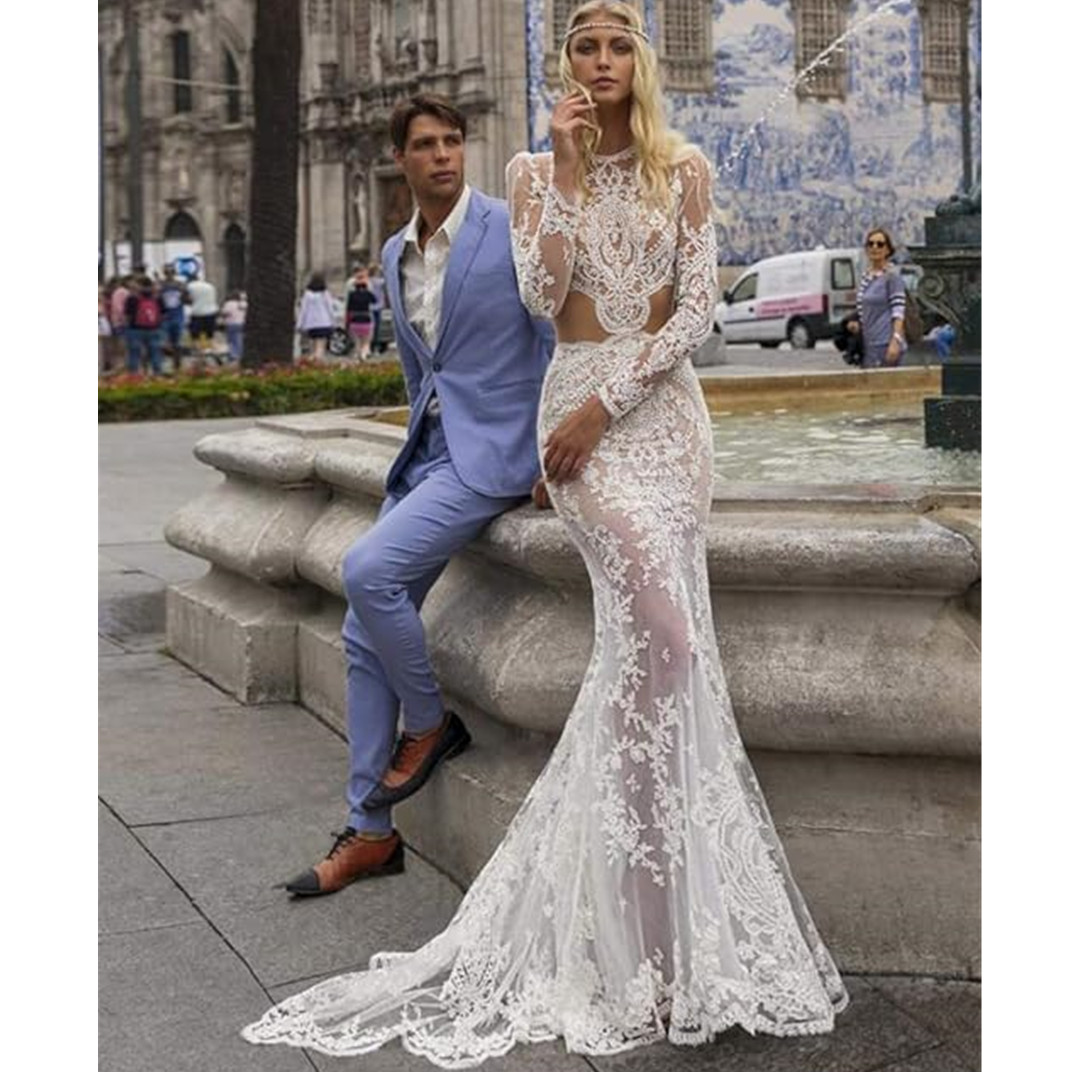 Plus size Wedding Dresses Luxury Long Sleeve Bridal Gown Full Lace Vestidos De Noiva Custom Made