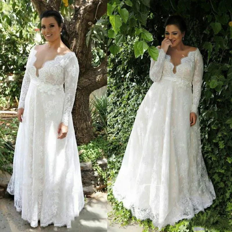 Wedding Dresses Bridal Gown Lace Scalloped Neckline Long Sleeves Floor Length Custom Made Plus Size Garden Country Vestidos De Novia