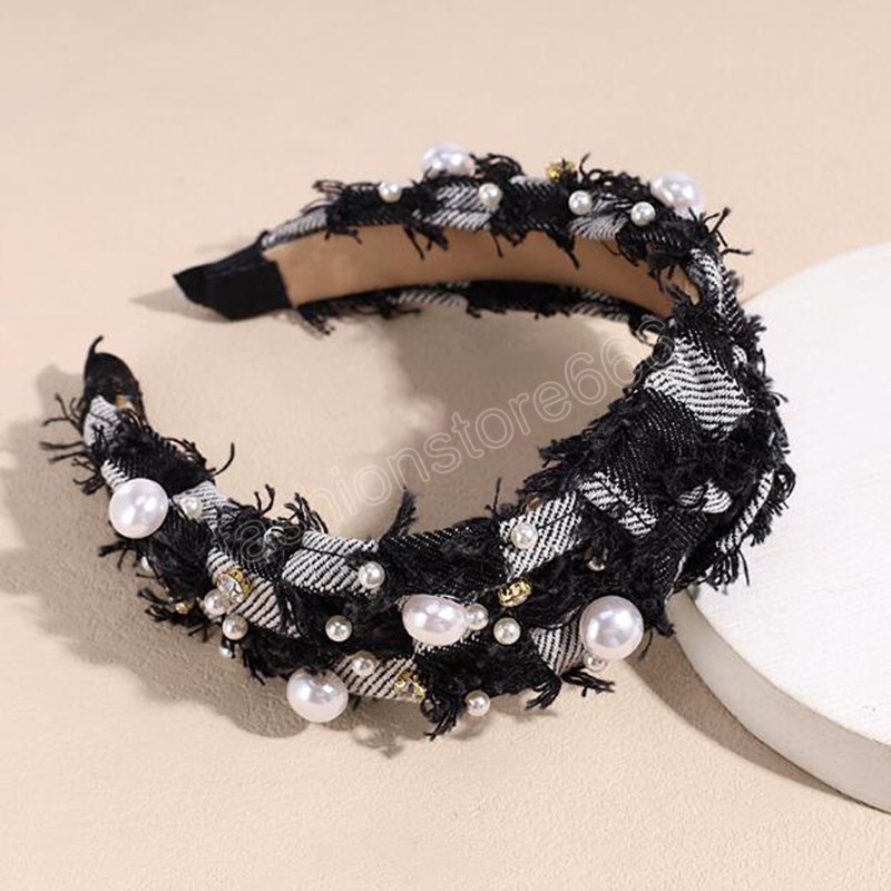 New Fashion Denim Headband For Adult Wide Side Pearls Turban Center Knot Headwear Casual Hair Accessories
