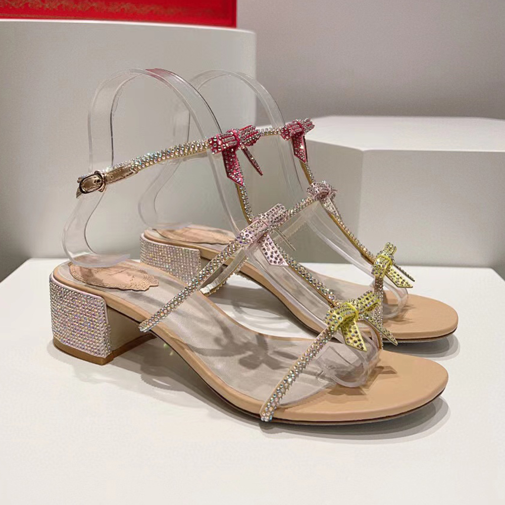 Cleo Crystals bow Embellished chunky Heels sandals 45mm Rhinestone pink gold Evening shoes women high heeled Luxury Designers Wraparound Dress shoe Sizes 35-43 bag