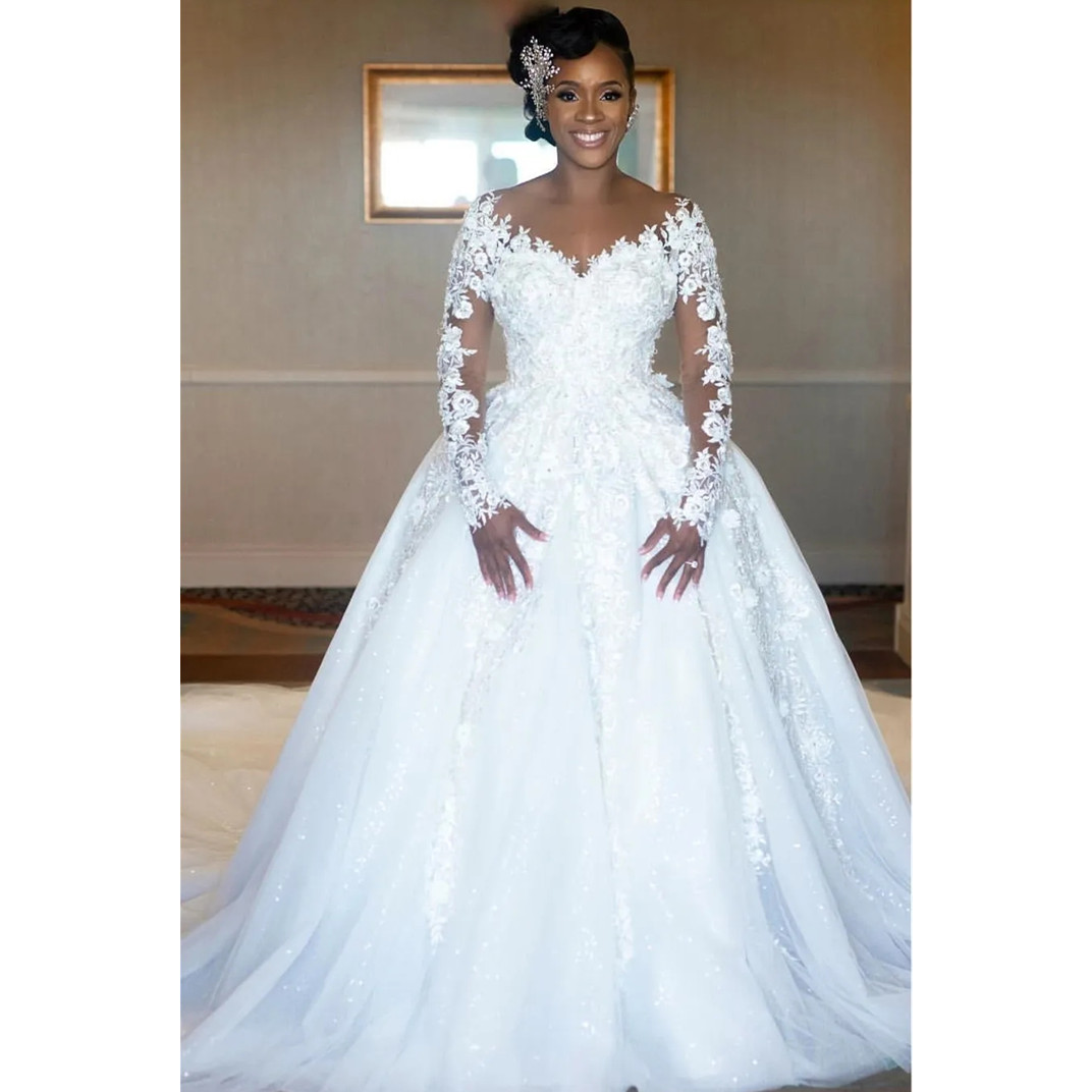 Long Sleeves Floral Wedding Dresses Vestidos A Line Lace Boat Neck Bridal Dress Lace Up Back Floor Length New Arrvals Robe de Soiree