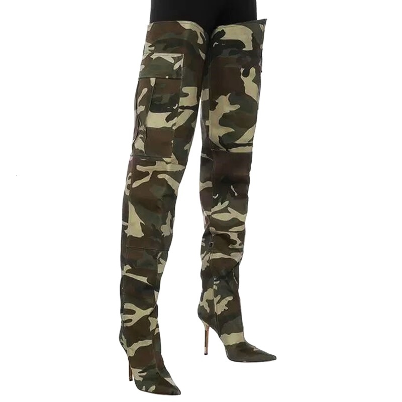 Boots printed camouflage boots over the knee high thin heels shoe's long casual pointed toe motorcycle woman dh2334238