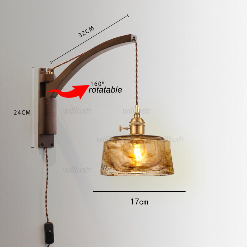 Retro Amber Glass Wall Lamp Vintage Walnut Wood Sconce Hotel Cafe Bar Living Dining Bedroom Bistro Rotating Folding Rocker Light