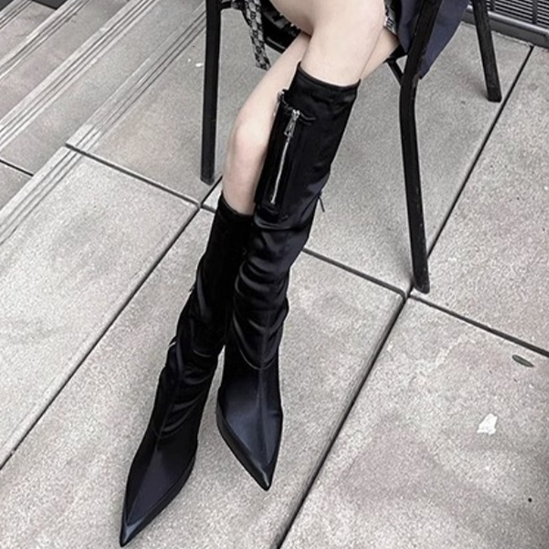 Boot Sexy High Heels Shoes Pleated Chelsea Knee Boots 2023 Winter Pointed Toe Goth Motorcycle Women Pumps 230911