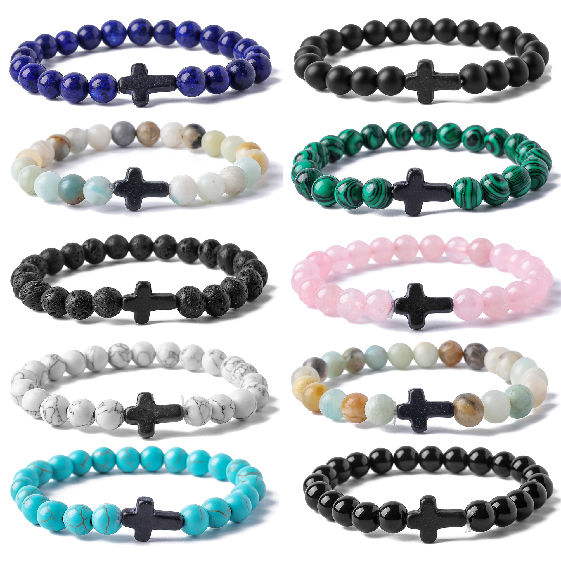 Black Lava Stone Turquoise Cross Bracelet Rose Quartz Lapis Malachite bead Bracelet Stretch Jewelry for women men
