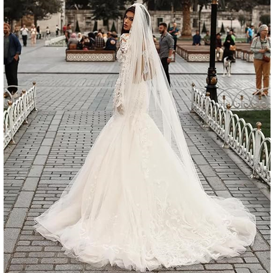 Illusion Scoop Mermaid Wedding Dresses Long Sleeve Lace Appliqued Aso Ebi Arabic Bridal Gown Vestidos de Novia