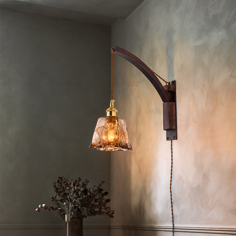 Retro Amber Glass Wall Lamp Vintage Walnut Wood Sconce Hotel Cafe Bar Living Dining Bedroom Bistro Rotating Folding Rocker Light