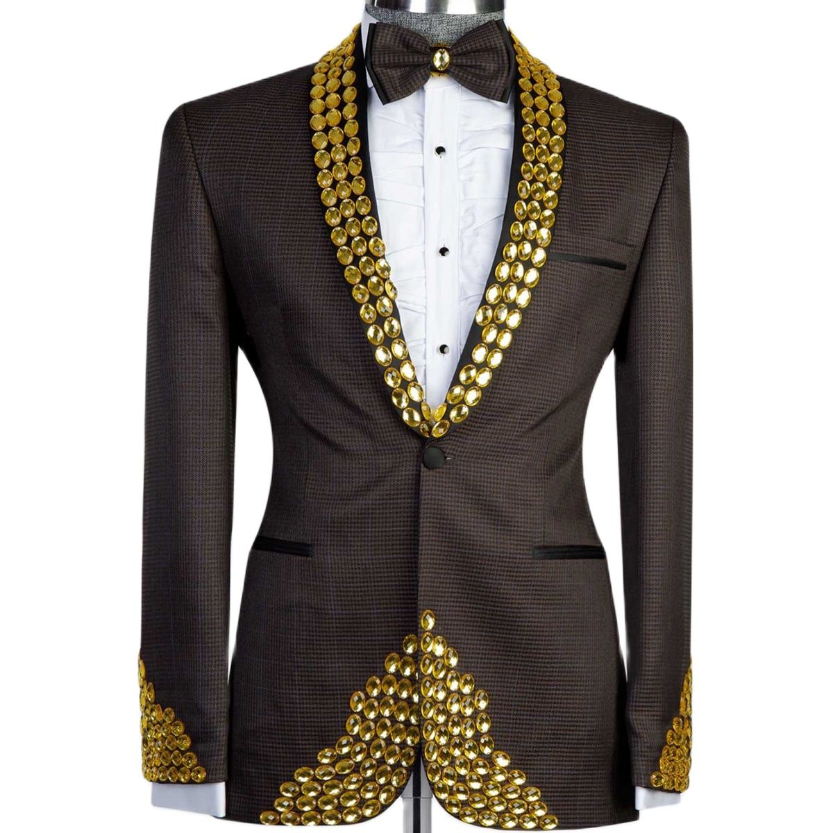 Mens Wedding Tuxedos Golden Crystal Beading Gorgeous Tailored Beading Shawl Lapel Jacket 2 Pieces Male Costume Coat