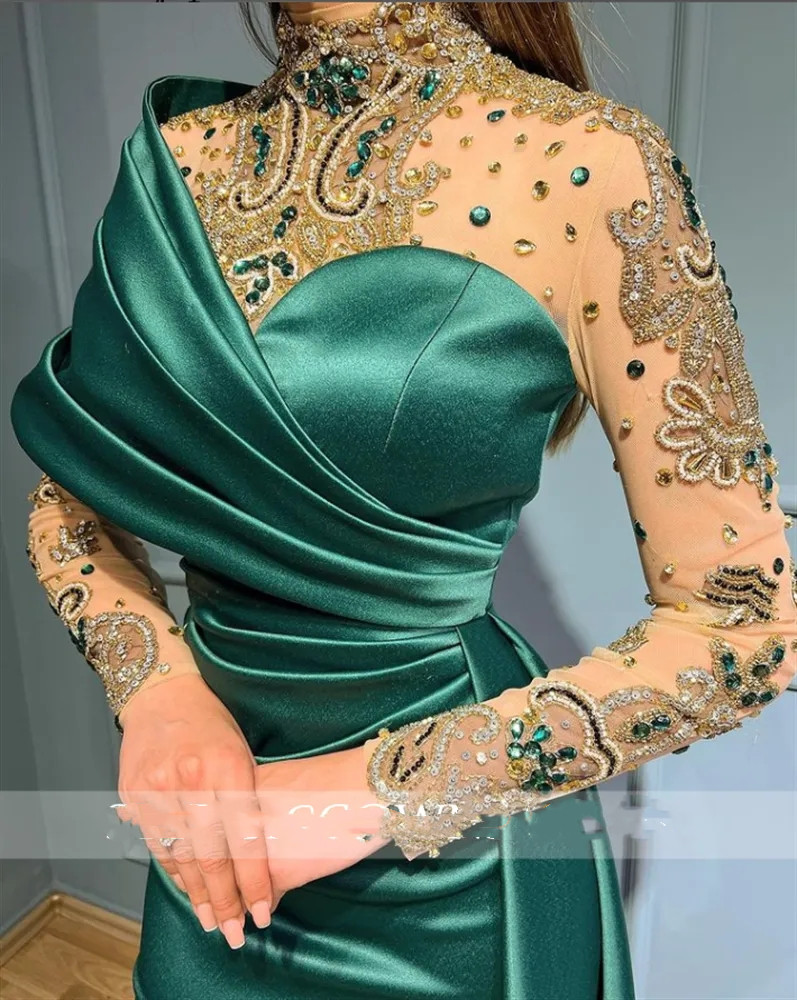 Evening Green High Neck Gowns for Black Girls Beaded Crystal Birthday Party Dress Pleats Mermaid Formal Prom Dresses es