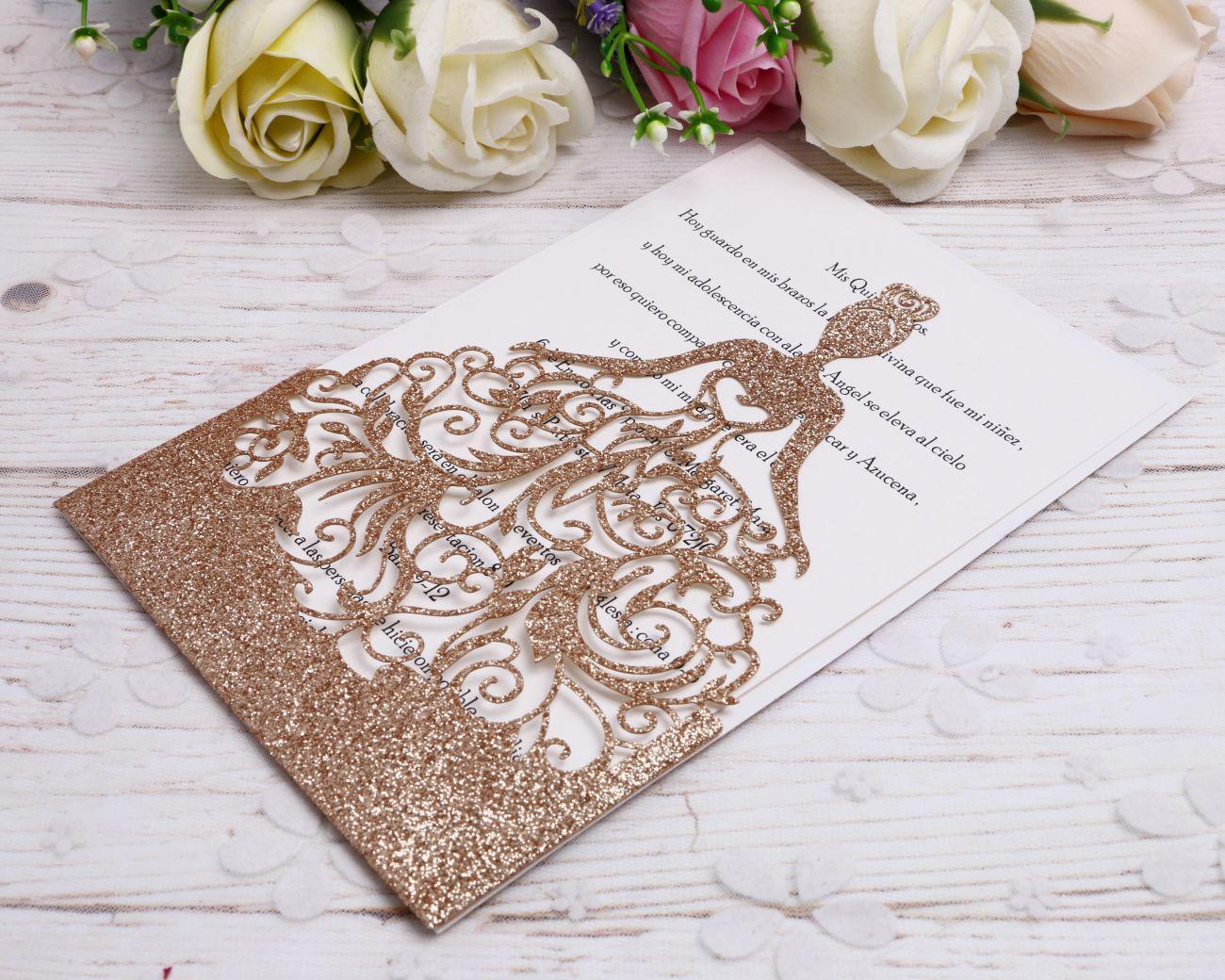 2019 New Gold Glitter Laser Cut Crown Princess Invitations Cards For Birthday Sweet 15 QuinceaneraSweet 16th Invite ZZ