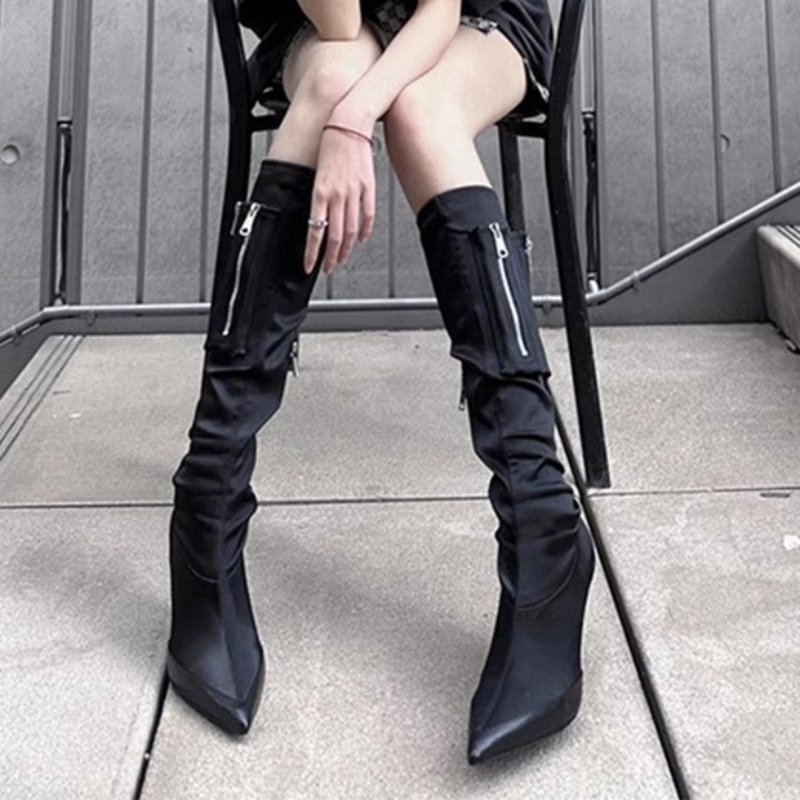 Boot Sexy High Heels Shoes Pleated Chelsea Knee Boots 2023 Winter Pointed Toe Goth Motorcycle Women Pumps 230911