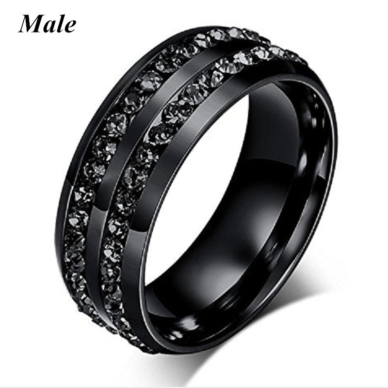 Wedding Rings Fashion Couple Rings Women Black Heart Crystal CZ Rings Set Men's Two Rows Black CZ Stone Stainless Steel Ring Wedding Jewelry 2309
