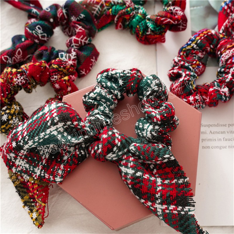 Christmas Knotted Rabbit Ears Hair Band Plaid Striped Headwear Ponytail Holder Xmas Hair Scrunchies Women Gift Hair Accessories