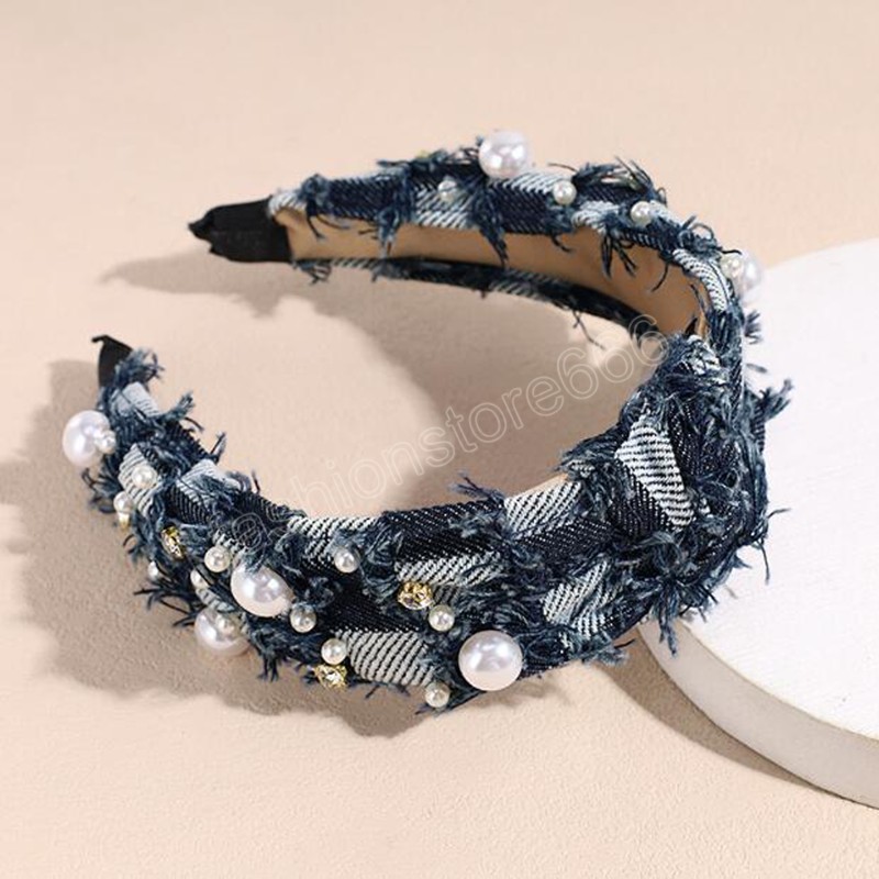 New Fashion Denim Headband For Adult Wide Side Pearls Turban Center Knot Headwear Casual Hair Accessories