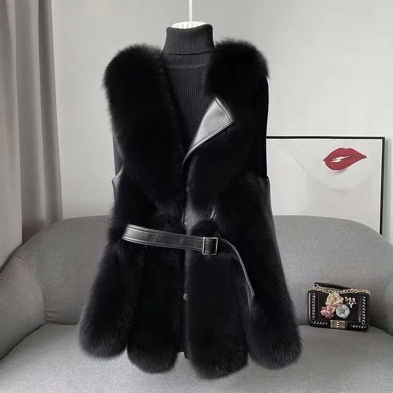Womens Fur Faux Fur Vest Coat Womens Faux Fur Waistcoat Fashion Slim Fur Jacket Chic Sleeveless Faux Fur Vests With Belt Jacket 230908