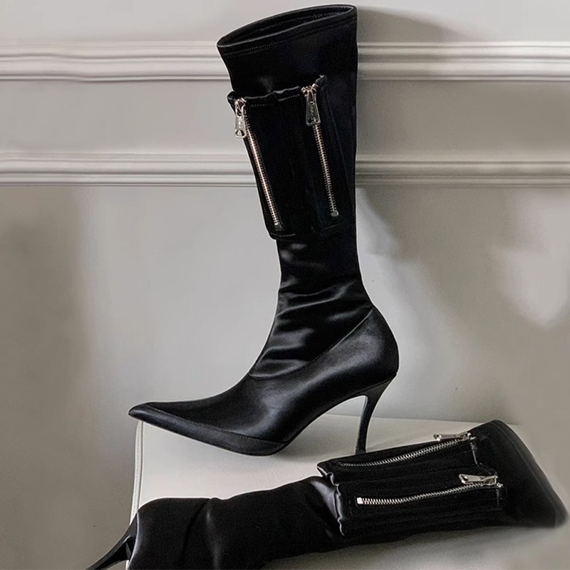 Boot Sexy High Heels Shoes Pleated Chelsea Knee Boots 2023 Winter Pointed Toe Goth Motorcycle Women Pumps 230911