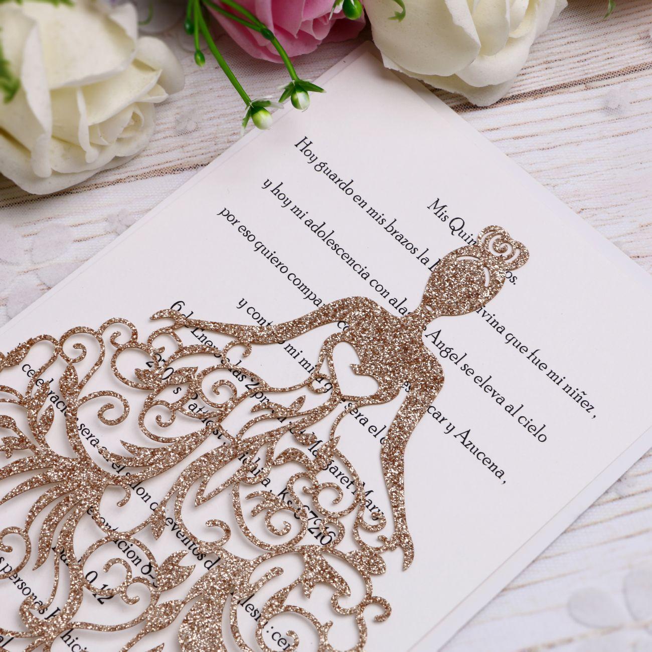 2019 New Gold Glitter Laser Cut Crown Princess Invitations Cards For Birthday Sweet 15 QuinceaneraSweet 16th Invite ZZ