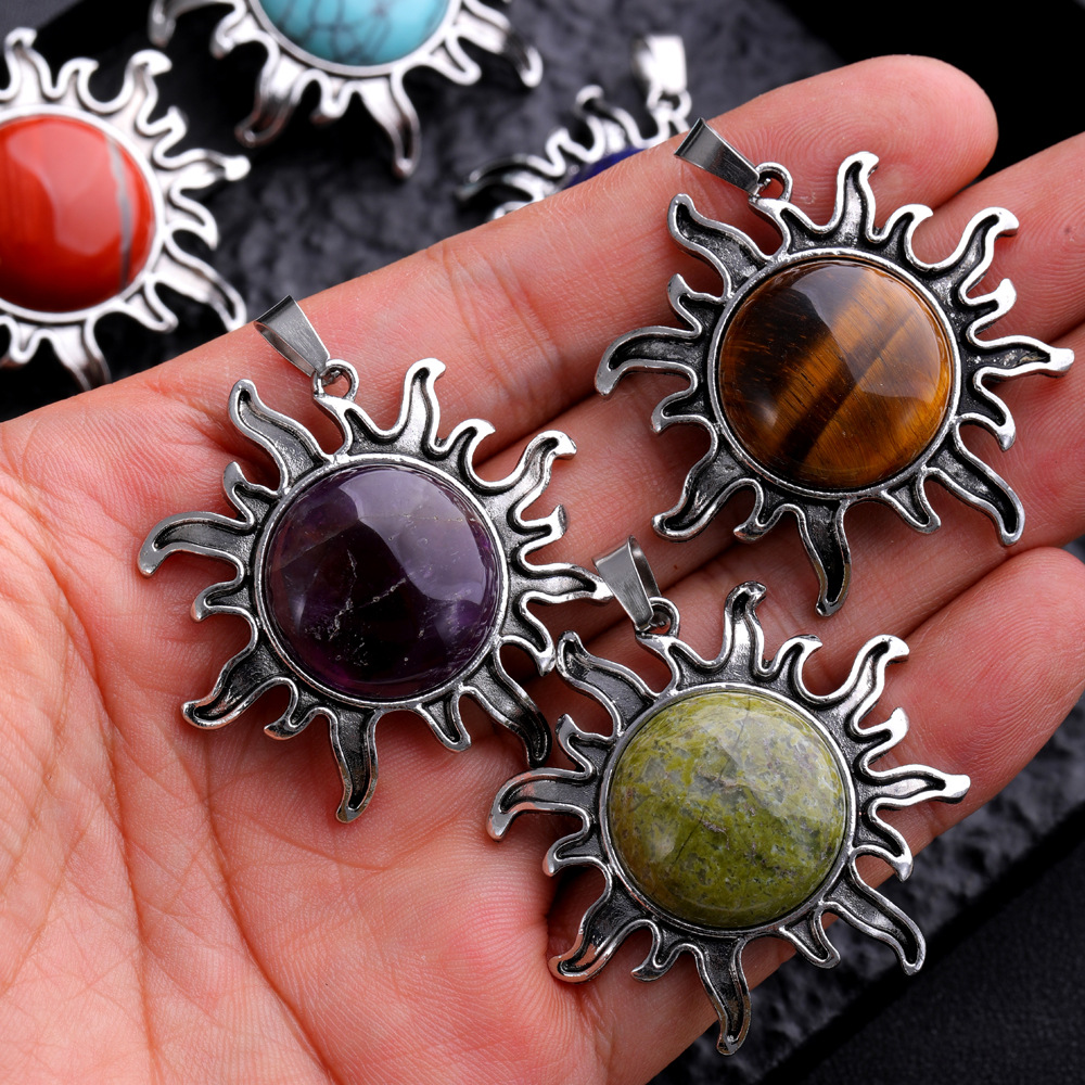 natural stone tiger eye Rose Quartz amethyst alloy Sun flower Pendants charms for jewelry accessories marking necklaces