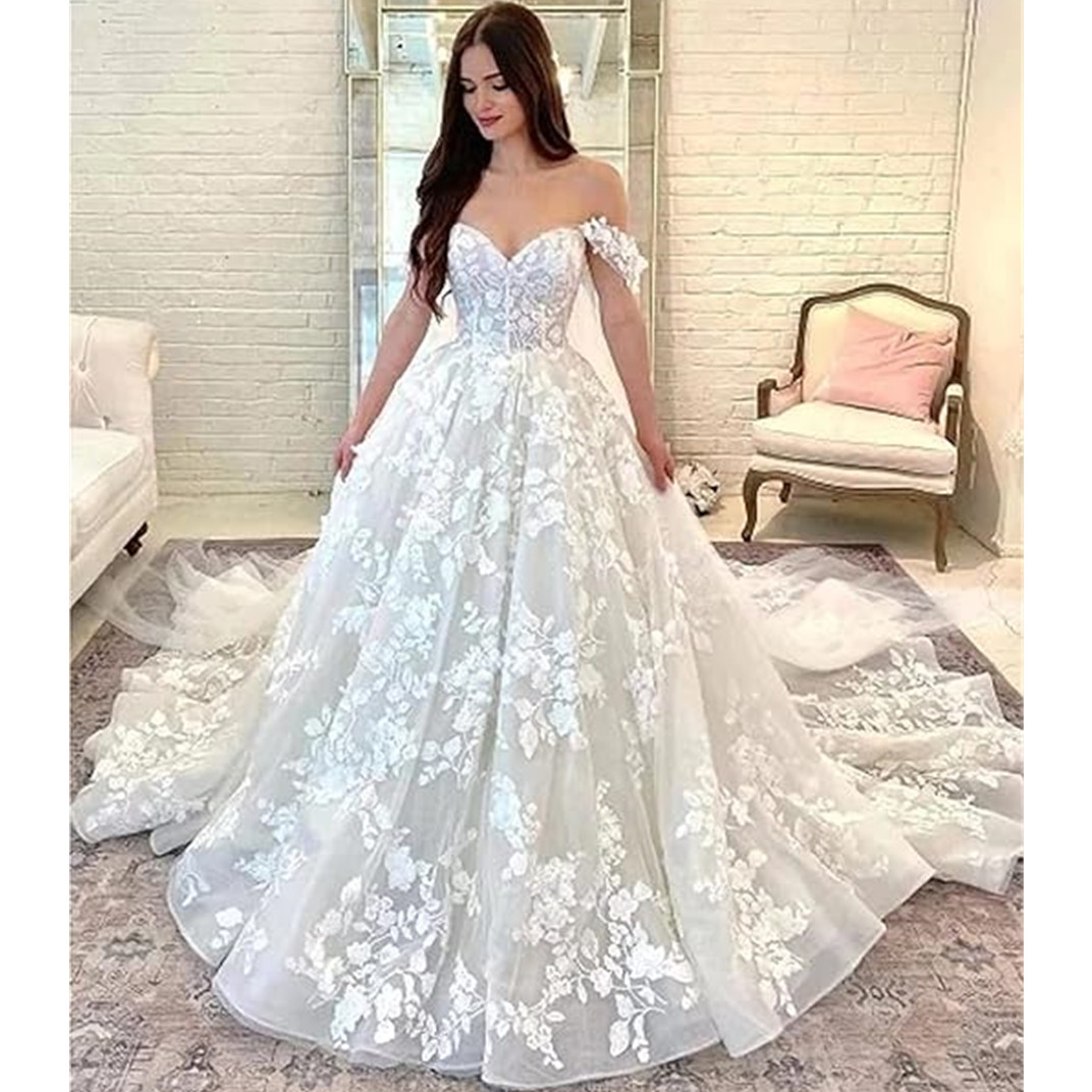 Princess Wedding Dress Off The Shoulder Backless Straps Sleeveless Floral Sweep Train 2024 Lace Appliques Bridal Gowns Robe De Mariage Garden Plus Siz