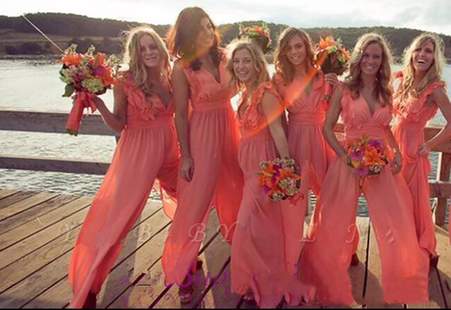 2023 New Arrival Chic Chiffon Cheap Coral Bridesmaid Dresses Long Jumpsuits V Neck Plus Size Beach Wedding Guest Dress Party prom Dresses