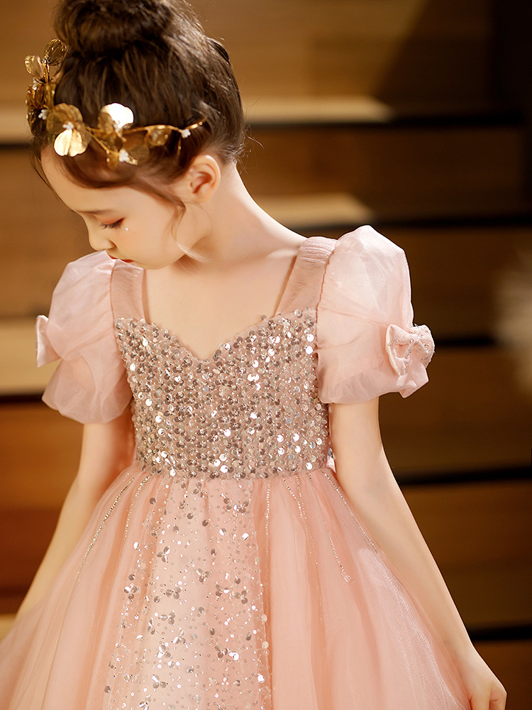 Shiny Pink Flower Girl Dresses Sequined Bling Ruffles Hand Made Flowers Lace Tutu Vintage Little Baby Birthday Gowns Communion Boho Wedding Bridesmaid
