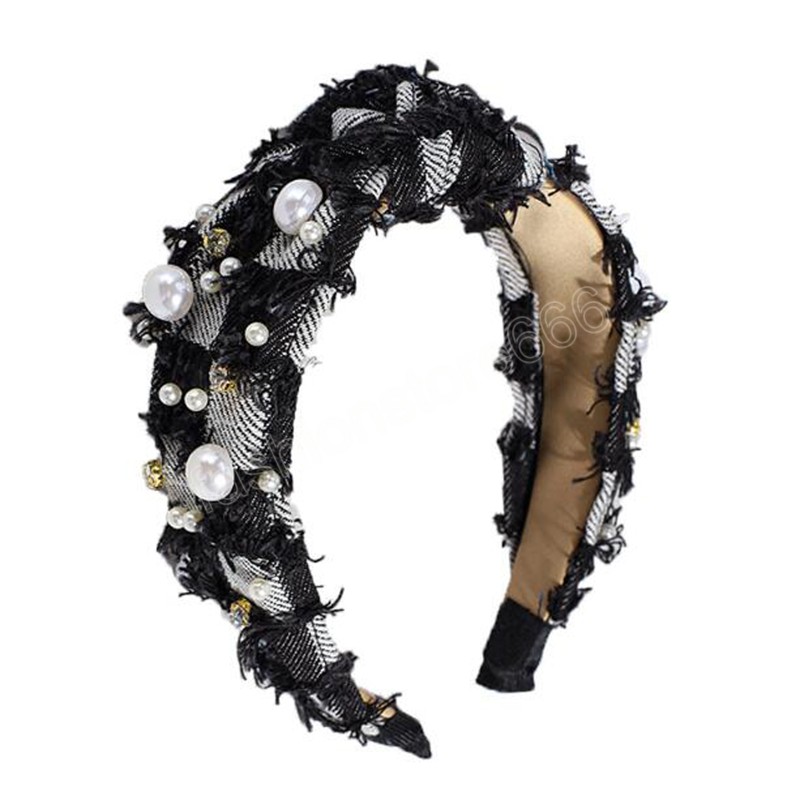 New Fashion Denim Headband For Adult Wide Side Pearls Turban Center Knot Headwear Casual Hair Accessories