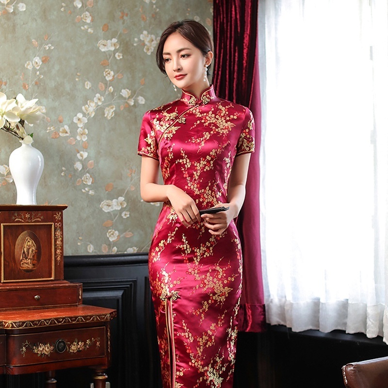 Basic Casual Dresses Wine Red Slim Chinese Traditional Cheongsam Short Sleeve Front Split Vintage Dres Long Plum Qipao 230911