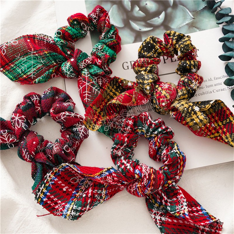 Christmas Knotted Rabbit Ears Hair Band Plaid Striped Headwear Ponytail Holder Xmas Hair Scrunchies Women Gift Hair Accessories