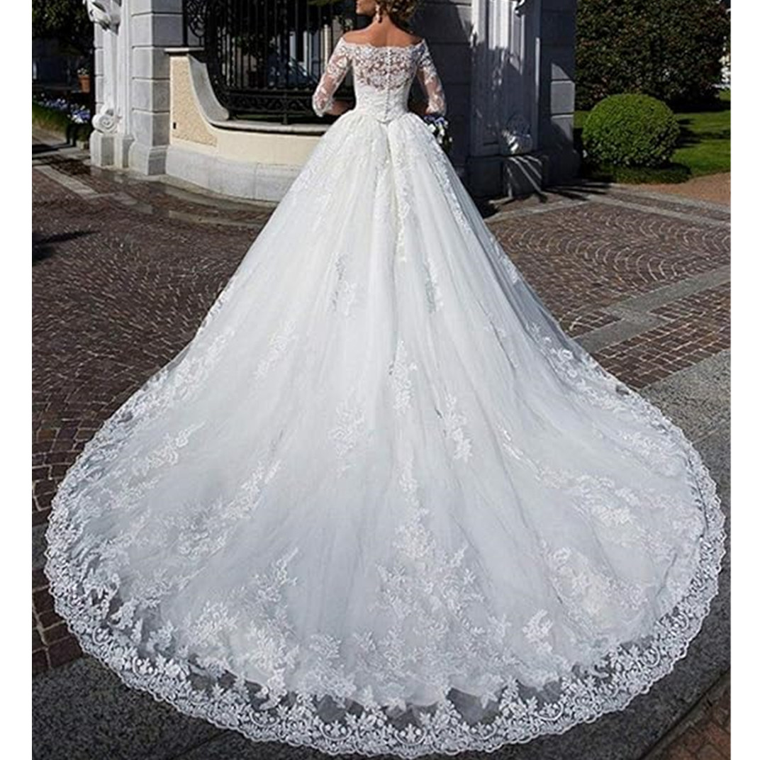 Off The Shoulder Dresses Appliques Vestidos Cap Sleeves Lace Up Back Puffy Princess Wedding Gowns Dubai Designer Sweep Train Ruffles Vestidos De Novia