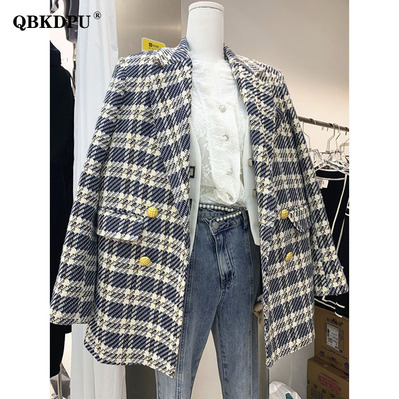 Women's Suits Blazers Korean Fashion Plaid Tweed Blazers Women Fall Vintage Double Breasted Quilted Cotton Suit Jacket Elegant Lady Chic Coat 230