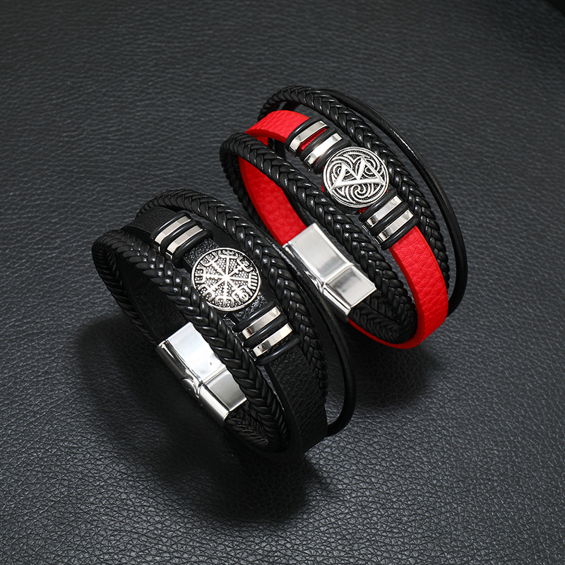 New Trendy Multi Layered Black Red Leather Bracelet Cuff Bangle Jewelry for Gift