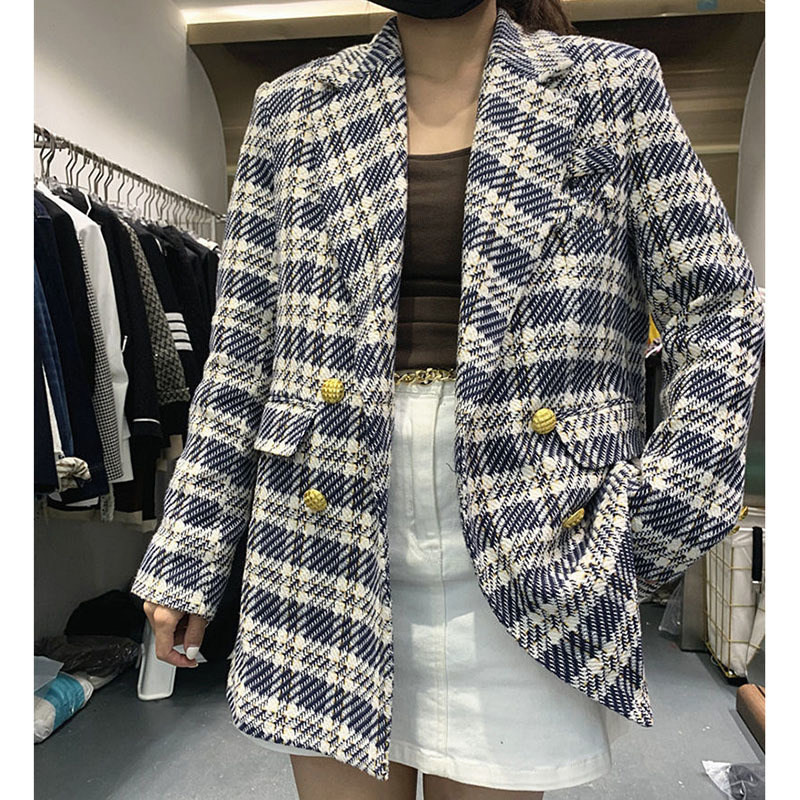 Women's Suits Blazers Korean Fashion Plaid Tweed Blazers Women Fall Vintage Double Breasted Quilted Cotton Suit Jacket Elegant Lady Chic Coat 230