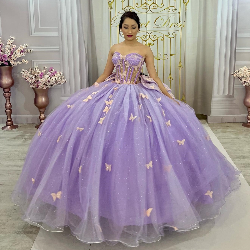 Elegant Lavender Shiny Princess Quinceanera Dress Bow Butterfly Bead Crystal Birthday Prom Sweet Gown Vestidos De Anos
