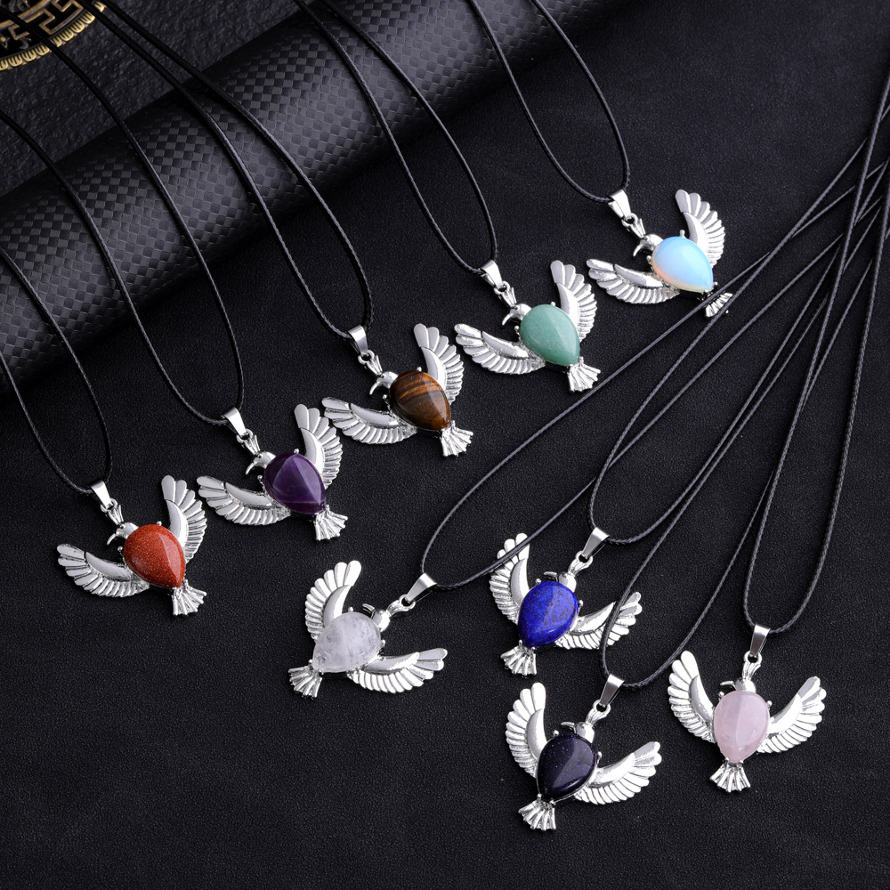 Natural Stone waterdrop peace dove pendant necklaces Amethysts Rose Quartz Tiger's Eye lapis necklace for women jewelry