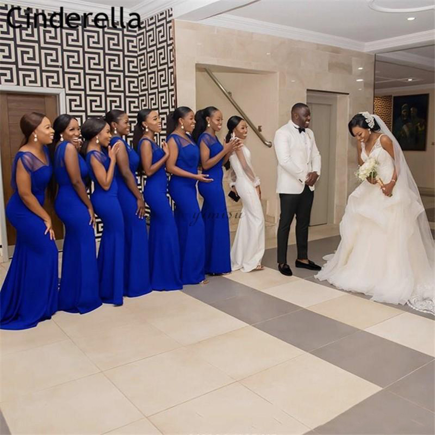 Royal Blue Mermaid Bridesmaid Dresses 2023 Off Shoulder Sweep Train Garden Country African Wedding Guest Gowns Maid of Honor Dress Cheap