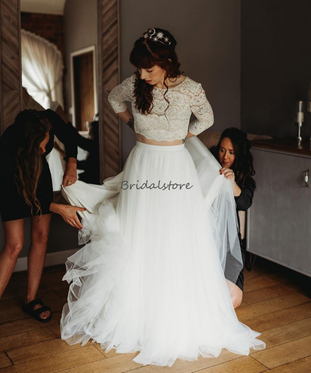 Simple Two Piece Boho Wedding Dress 2023 Lace O Neck Long Sleeve Tulle Bride Dress Floor Length Garden Country Bridal Hippies Vestidos De Novia abito 
