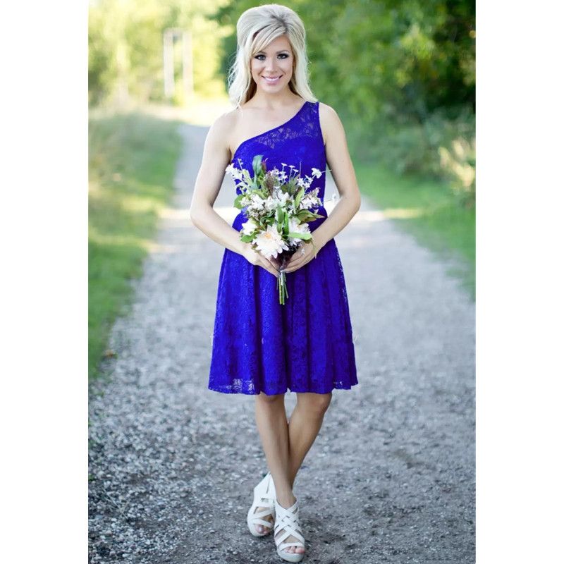 Royal Blue Country Bridesmaid Dresses New Short For Weddings Lace Knee Length With Sash One Shoulder Maid of Honor Gowns Under 100
