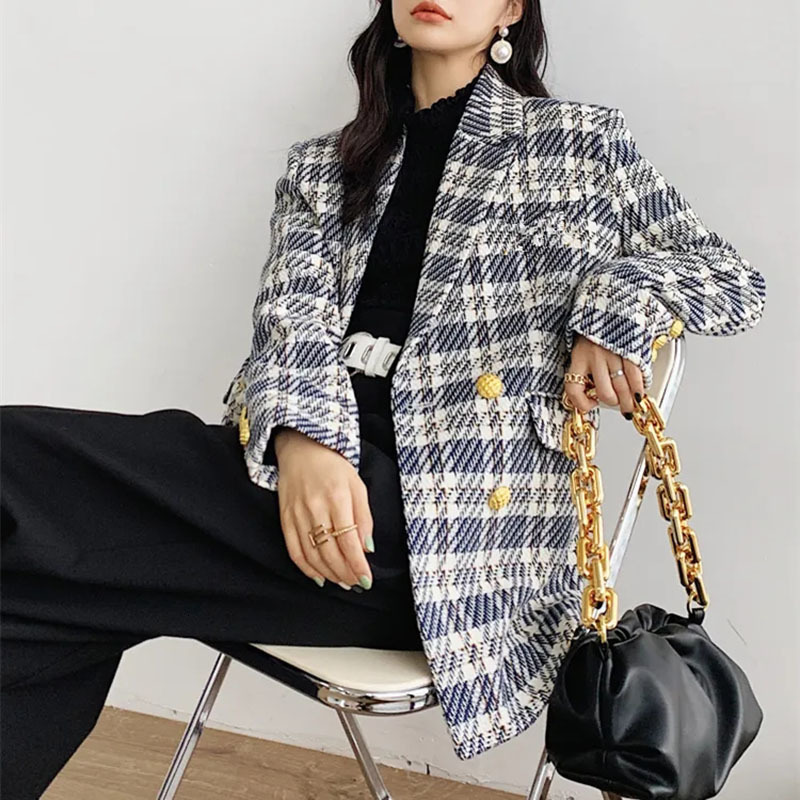 Women's Suits Blazers Korean Fashion Plaid Tweed Blazers Women Fall Vintage Double Breasted Quilted Cotton Suit Jacket Elegant Lady Chic Coat 230