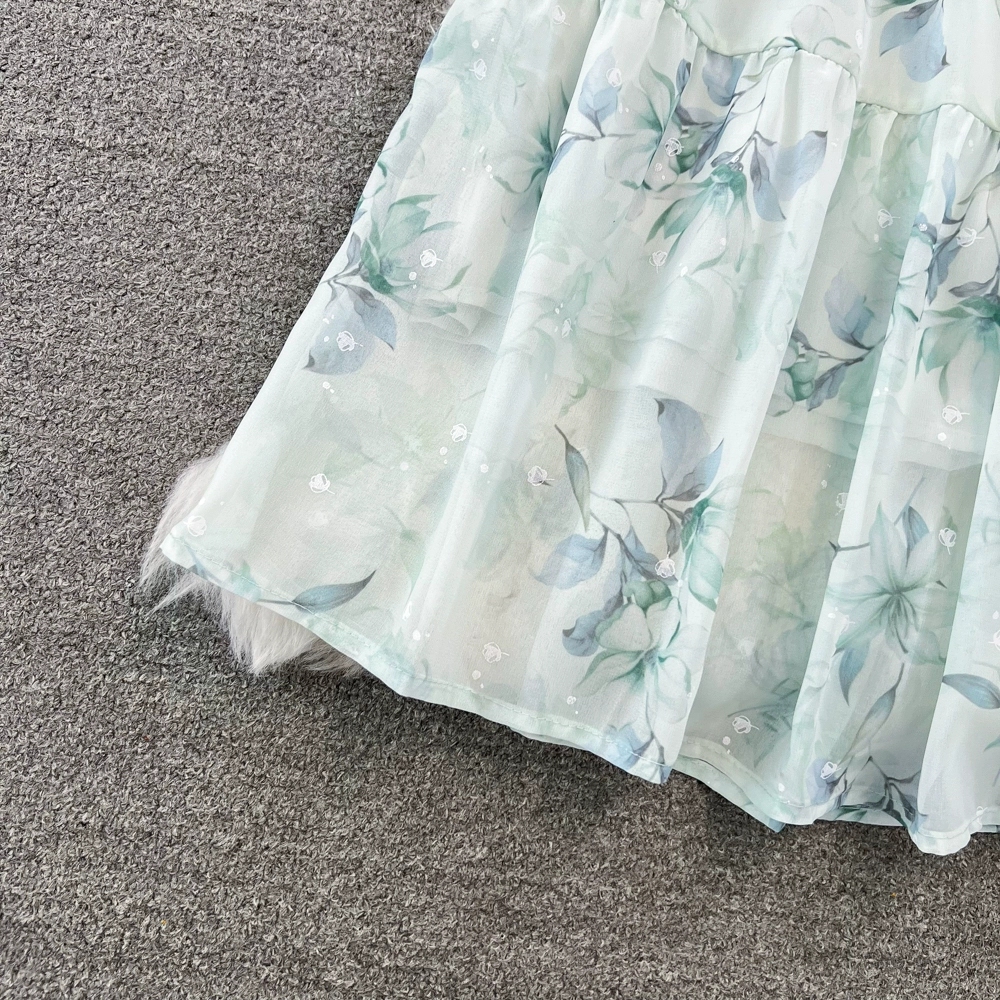 Spring and Autumn French Tea Break Long Skirt Gentle Style Lace Up Waist Show Thin A-line Ruffle Edge Fragmented Chiffon Dress