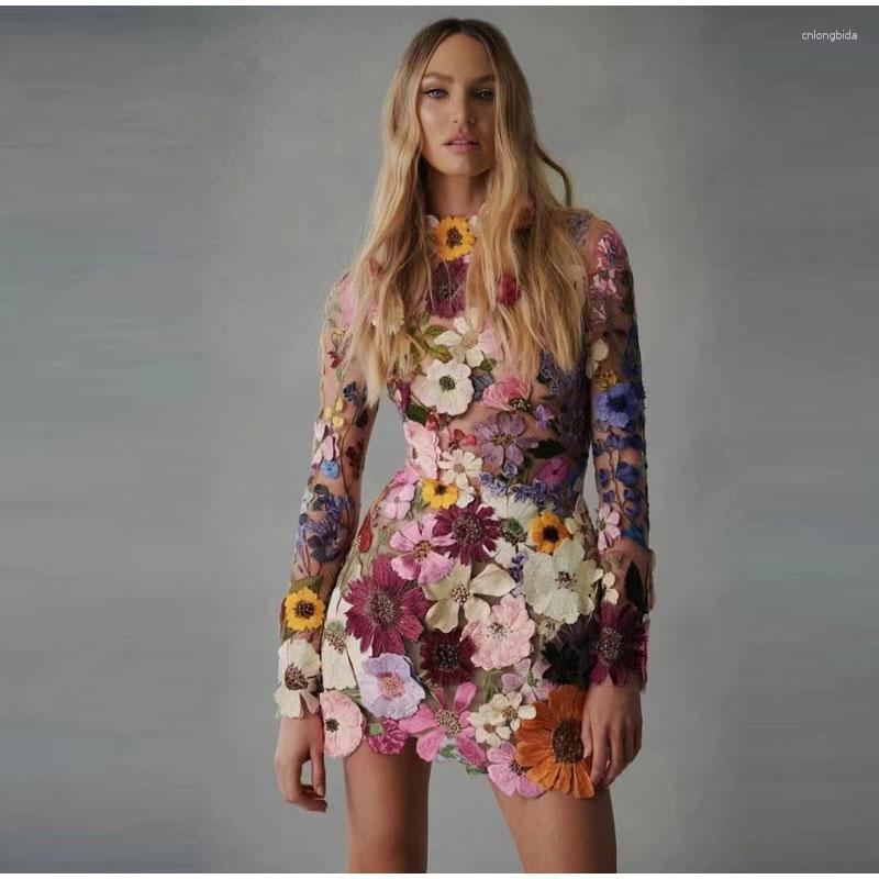 Casual Dresses Floral Embroidery Elegant Women Mini Dress Half High Collar Long Sleeve Spring Evening Party Lady Vestido