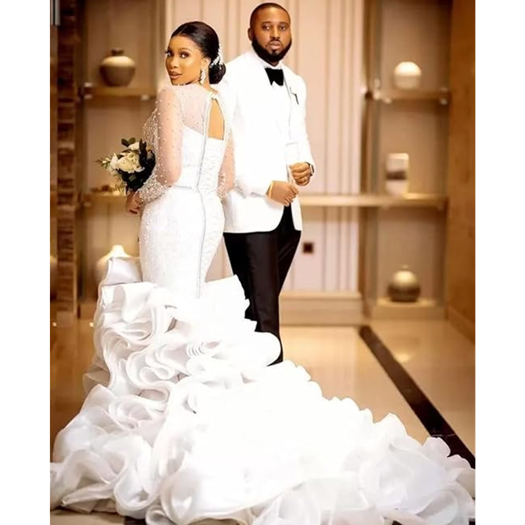 Ivory Tulle Off The Shoulder Long Sleeves Bridal Gown Floor-Length A-Line Wedding Dress Court Train Custom Made 03