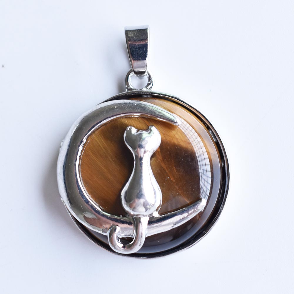Fashion Cat Moon Pendant for Necklace Round Natural Stone Cute Kitten Lucky Jewelry Fit Women Necklaces Gift