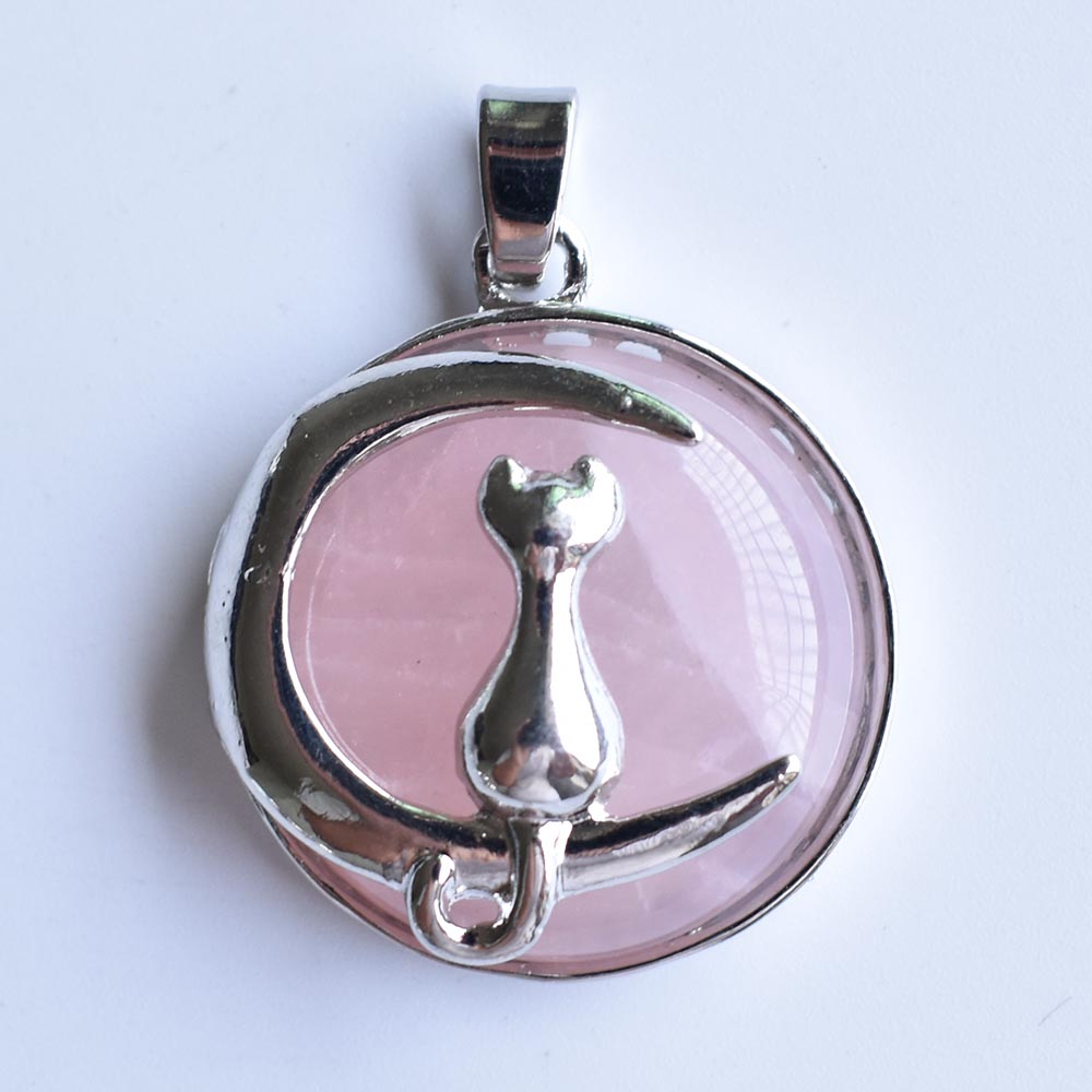 Fashion Cat Moon Pendant for Necklace Round Natural Stone Cute Kitten Lucky Jewelry Fit Women Necklaces Gift