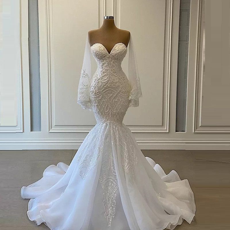 Arabic White Wedding Dresses Detachable Long Sleeves Mermaid Bridal Gowns Beads Lace Applique Nigerian Marriage Dress Plus Size Custom Made